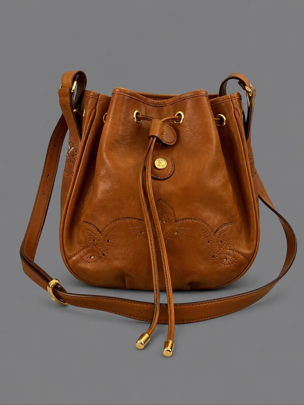 VTG FIORELLA Made in Italy Brown Leather Drawstring Bucket Bag